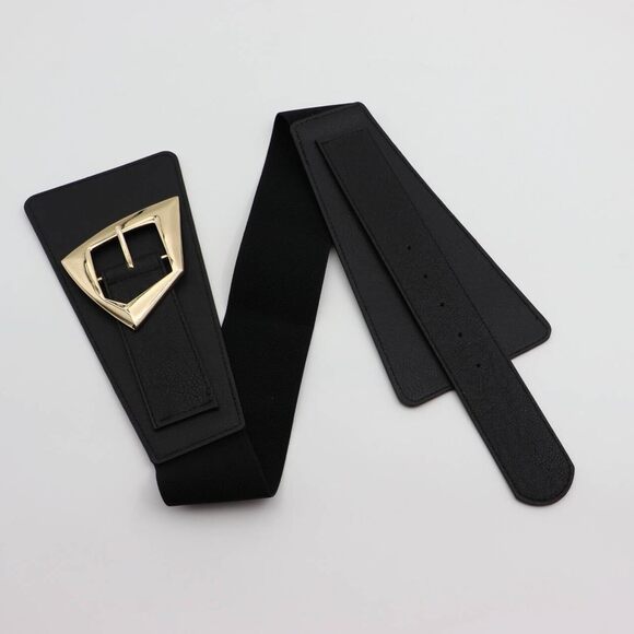 thick black belt for dress WHIPPY Women Wide Elastic Waist Dresses Fashion Gold Buckle Stretchy Leather Waistband for Ladies, Black, Fits Waist 24